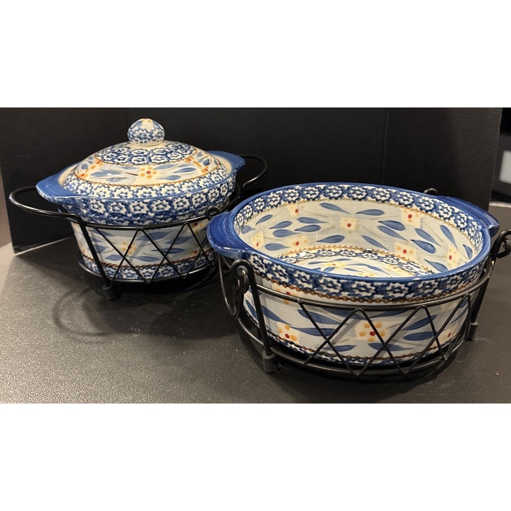 Temptations Old World Blue Floral 1.5/1 Quart Baking Dish Wire Rack Round Lid